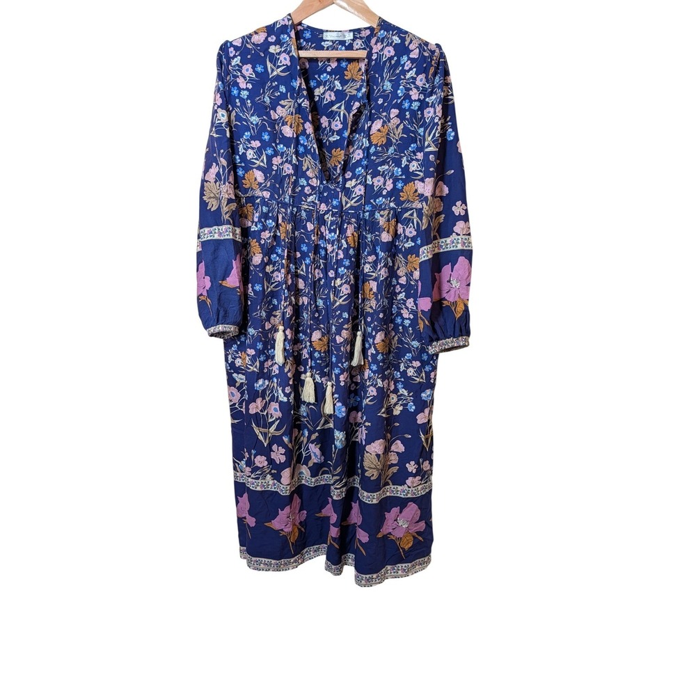R.Vivimos Women Navy Blue Floral Boho Tassel Midi Dress 009057018 Size M US 8/10